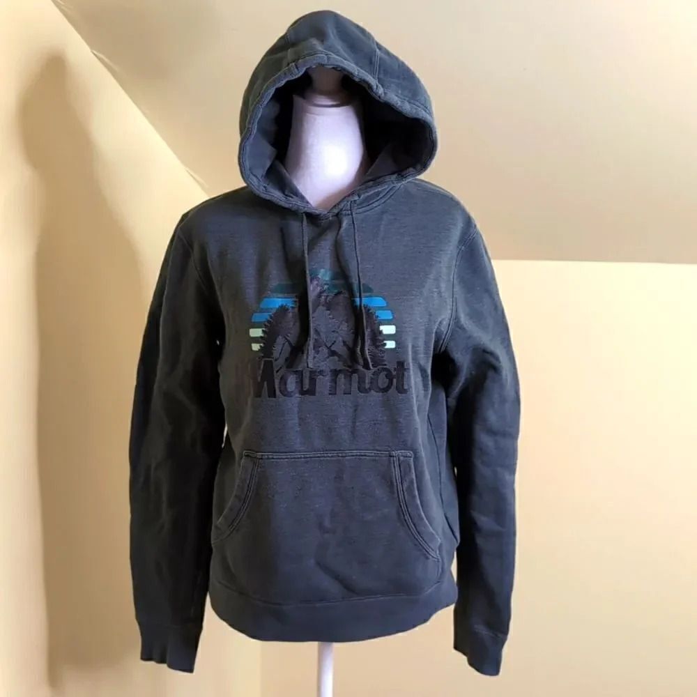 Marmot size Small Gray Blue Hoodie Sweat Shirt with Mountain Logo